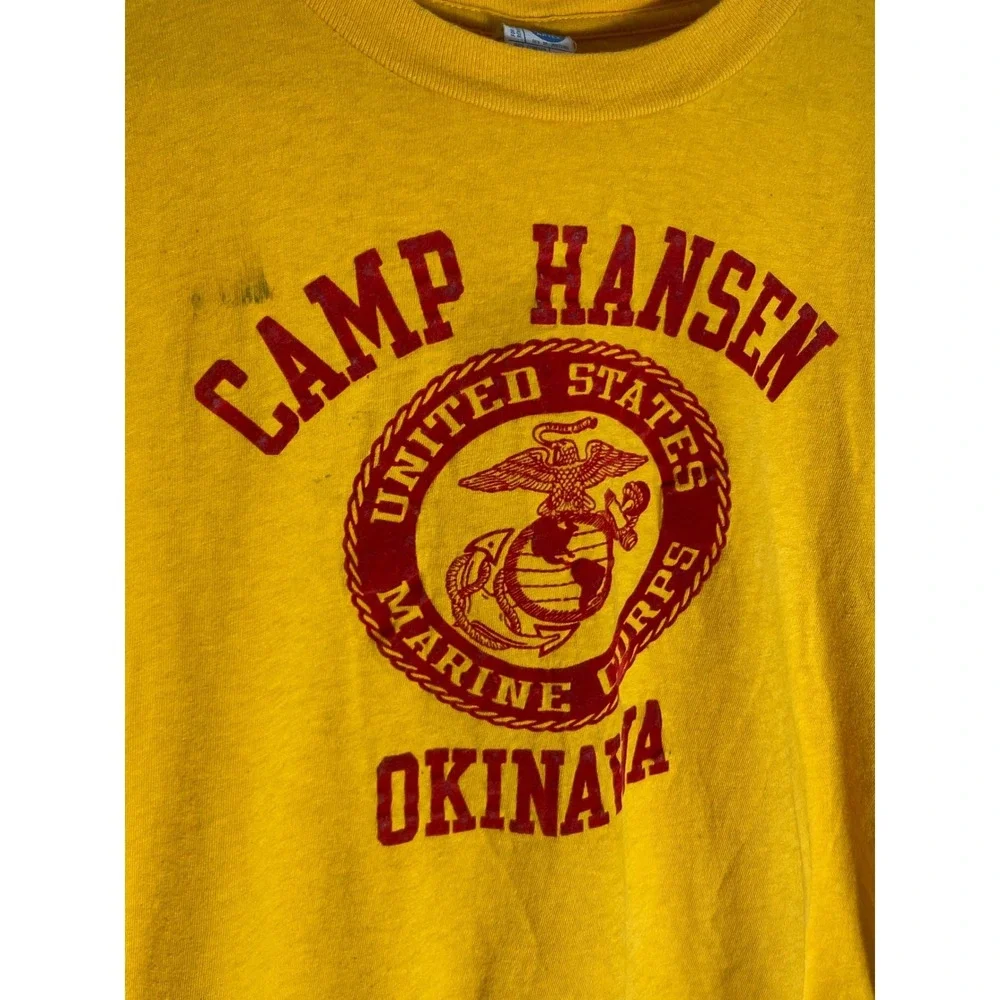 Vintage 1980s Marine Corp Camp Hansen Okinawa Felt Print Tshirt Mens‎ Medium
